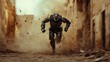 © Johannes - A cyborg soldier fighting in a warzone movie story seen trail cam footage, rear view, wide angle shot, a striking contrast against the soft, blurred background.