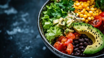 Wall Mural - Colorful vegan burrito bowl with fresh ingredients