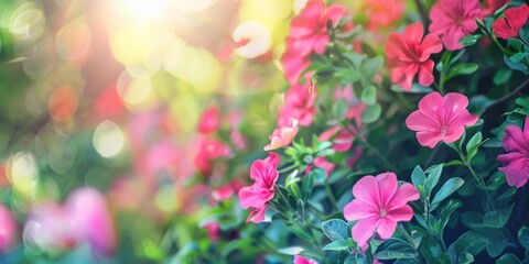 Wall Mural - soft focus image of vibrant pink flowers with green leaves in the foreground