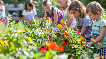 Group of children gardening among vibrant flowers on a sunny day. Concepts of teamwork, nature education, and outdoor activities.