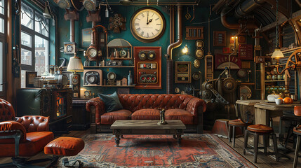 Poster - Superb Victorian steampunk design with antique gadgets, brass accents, and leather upholstery.