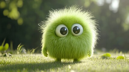 Wall Mural - Cute lime color furry monster 3D cartoon character