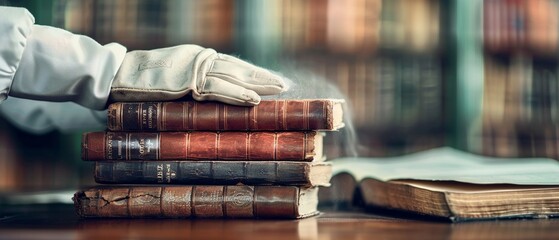 a librarian compiling rare books in a climatecontrolled archive, soft ambient lighting, photorealist