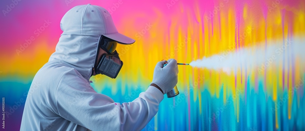 A muralist in an urban setting, using a spray paint instrument to ...