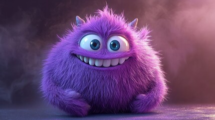 Wall Mural - Cute violet or purple furry monster 3D cartoon character