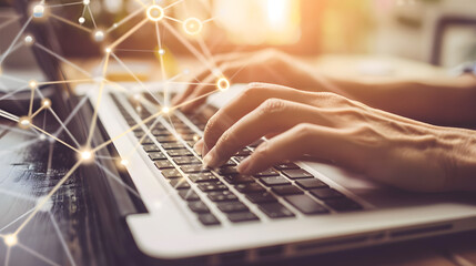 Wall Mural - Close-up of hands typing on a laptop keyboard against a background of an illustration or a glowing video player window 