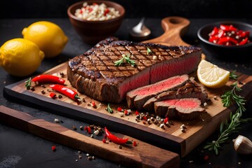 Steak on wooden plate with vegetables around.
