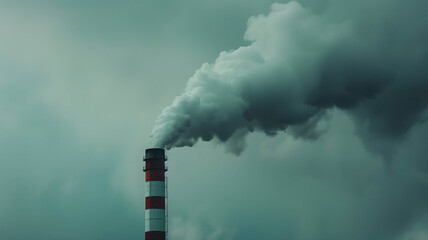 Close-up of a smokestack releasing pollution into a gray, overcast sky