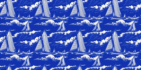 Coastal sail boat in azure ocean blue seamless border background, Modern sailing race boat block print banner for decorative coast interior furnishing fabric edge trim. 