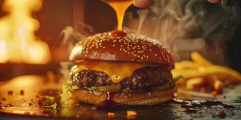 Sticker - Applying sauce to a cheeseburger bun in a restaurant with a spoon