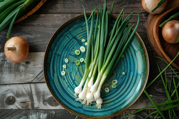 Wall Mural - green onions on plate, top view