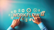 © Sunday Cat Studio - Hands interacting with workflow icons, symbolizing efficiency and productivity in business processes and project management.