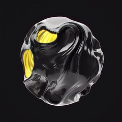 Wall Mural - Abstract shiny black shape with yellow accents on dark background, futuristic design, modern art, high contrast, unique form, 3d rendering shape, sleek and elegant