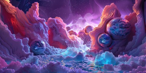 Wall Mural - Abstract landscape with colorful clouds and orbs.