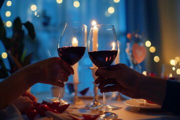 couple in love drinking red wine from tall glasses