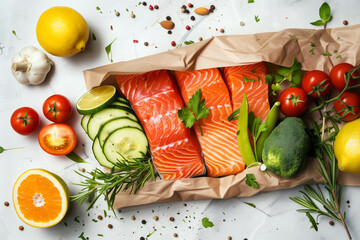 Wall Mural - healthy eating food in paper of fish vegetables