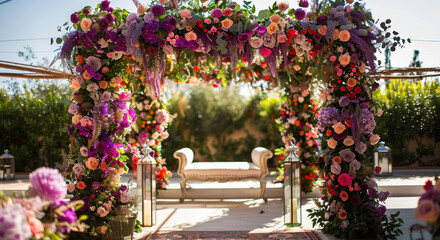 Jewish bride wedding chair, chuppah at wedding day ceremony. Flowers and vases with chaise lounge.