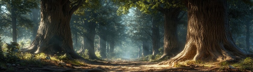 Wall Mural - A serene forest pathway framed by towering trees, illuminated by soft light, inviting tranquility and exploration in nature