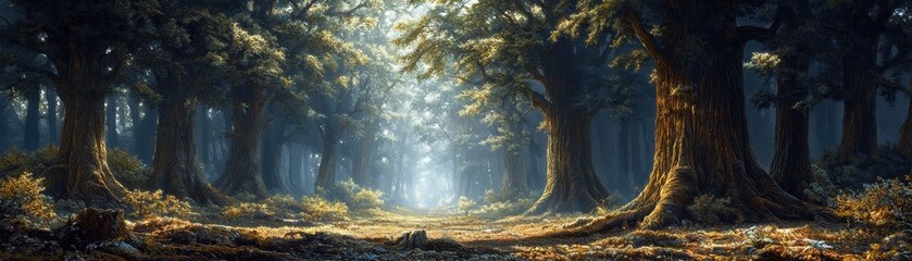 Canvas Print - A serene forest landscape adorned with tall trees, golden light filtering through the canopy, creating a tranquil atmosphere of nature's beauty