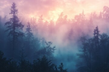 Wall Mural - A tranquil, misty forest at dawn, with layered trees silhouetted against soft pink and blue hues, creating an ethereal atmosphere