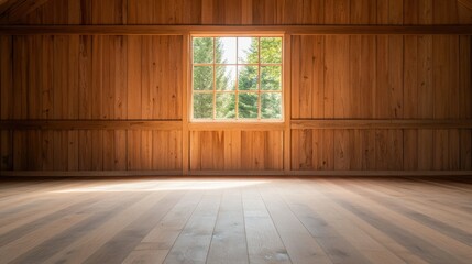 Wall Mural - Sunlit Wooden Interior of a Cozy Cabin with Large Window Overlooking Lush Greenery and Forest