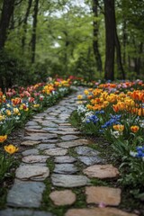 Poster - Peaceful morning stroll through a flower garden, where nature's colors awaken the senses