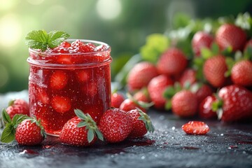 Wall Mural - Jar full of strawberry jam with fresh strawberries and mint leaves on black table