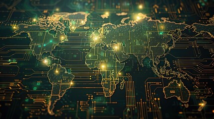 Poster - Global connection: world map forming on futuristic circuit board