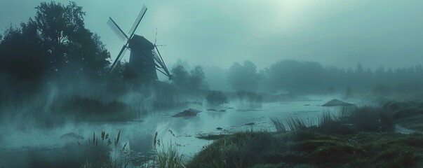 Sticker - Foggy Hills with Windmill in Distance, 4K hyperrealistic photo