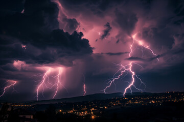 lightning flashing strikes in night sky under city