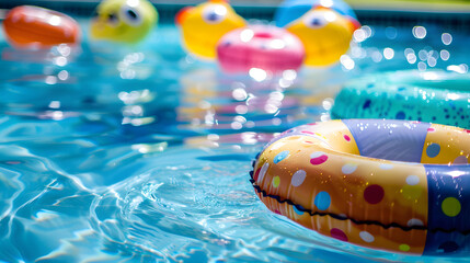 A colorful scene of fun in a pool, with inflatable toys floating in the water.