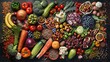 © Johannes - Diet health food concept with a large variety of vegetables fruit meat fish grain salad and spice with foods high in protein antioxidants dietary fibre anthocaynins and vitamins Top view