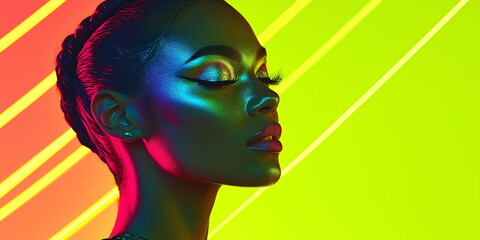 Futuristic portrait with vibrant neon lighting. Y3K-inspired makeup and hairstyling for avant-garde beauty campaigns and digital art concepts. Place for text