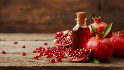 Wall Mural - Сlose-up of a bottle of pomegranate oil with fresh fruits and seeds on a wooden surface. Natural organic antioxidant-rich cosmetics ingredients. Concept of dietary product, wellness, skincare products