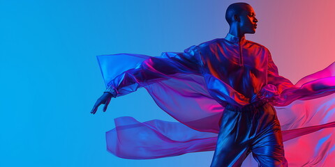 Y3K fashion with flowing blue and red garments against gradient background with copy space. Futuristic clothing design, dynamic movement and bold color contrasts for avant-garde fashion campaigns