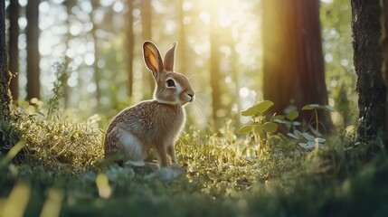 Wall Mural - A wild hare in the wood Generative AI