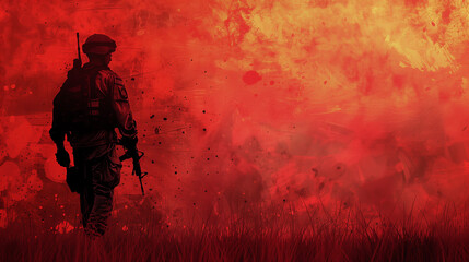 Silhouette of a soldier in combat gear against a red, abstract background conveying intensity and conflict.