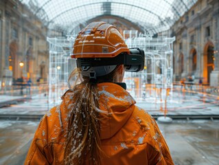 Construction Worker Using VR Headset for Building Visualization