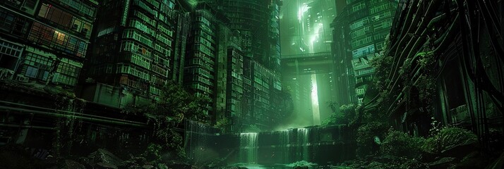 Wall Mural - dystopian brutalist city with green lighting 