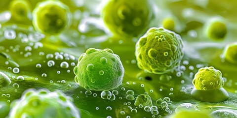 a close-up view of green microorganisms with bubbles on a soft, light background, showcasing details