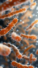 Sticker - Close-up view of vibrant orange bacteria with fine hair-like structures against a blurred background