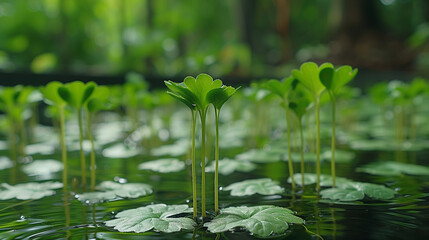 Wall Mural - Close-up of vibrant green aquatic plants gracefully floating on water, creating a serene and tranquil natural setting with a blurred forest background.