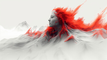 Abstract digital art of a female figure with flowing red hair blending into a surreal mountainous landscape.