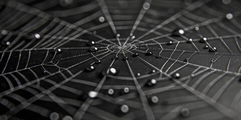 A close-up of a spider web adorned with water droplets, featuring a minimalist black background and intricate, clean lines