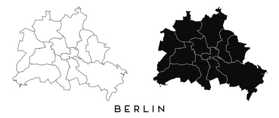 Wall Mural - Berlin map of regions districts vector black on white and outline