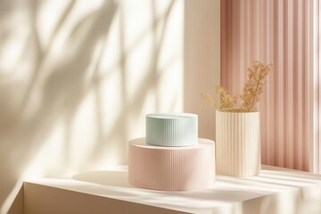 Poster - minimalist product display sleek geometric podium in soft pastel hues casting subtle shadows on a clean backdrop perfect for showcasing luxury items