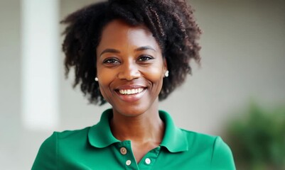 Wall Mural - smiling african american woman in green polo t-shirt