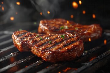 Wall Mural - mouthwatering 3d render of sizzling pork chop steaks midair showcasing perfect grill marks and juicy texture in ultrarealistic detail