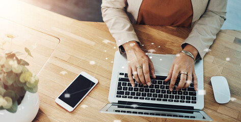 Wall Mural - Overlay, hands and business with woman, laptop and keyboard with communication. Closeup, person and employee with pc, public relations and typing with research, feedback with internet icon and email