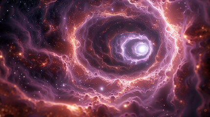 A mesmerizing cosmic vortex with swirling purple and orange nebulous clouds, creating a dramatic, otherworldly scene in the vastness of space.